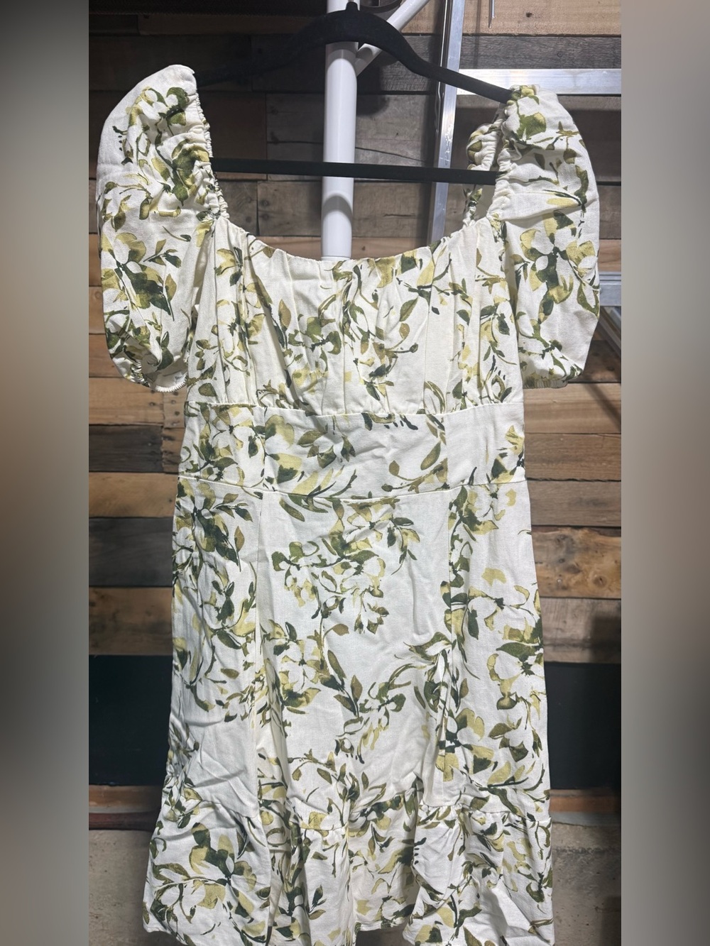 London Times Cream Floral Puff-Sleeve Mini Dress with Green Print